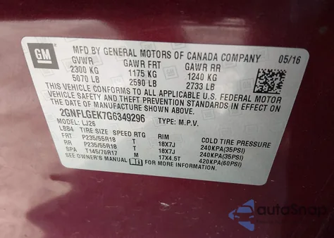 2016 Chevrolet Equinox Ltz z USA, uszkodzony, nr VIN 2GNFLGEK7G6349296